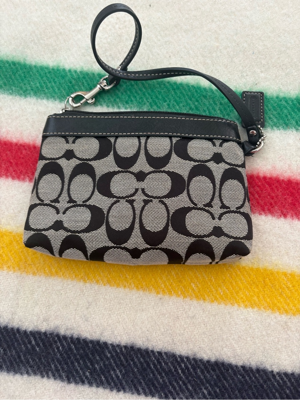 Coach Mini Wristlet in Black and Cream Signature Canvas